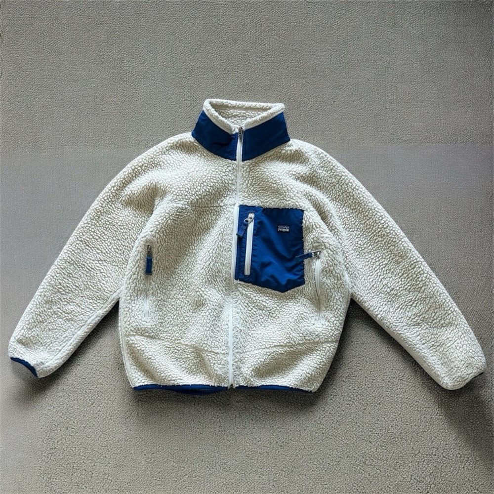 Patagonia Retro Pile Fleece Jacket Women’s XS / Kids M Cream Sherpa Navy Pocket